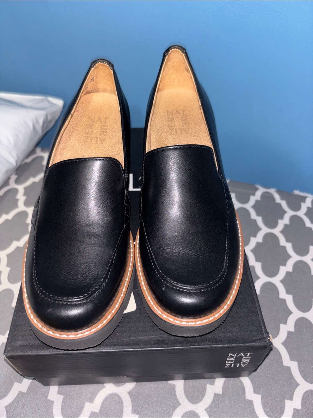 Naturalizer Black Leather Slip-On Loafers with Tan Welt